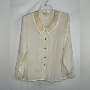 Vintage Impressions Blouse Cream‎ Lace Collar Tuxedo Pleat Secretary Sz 12